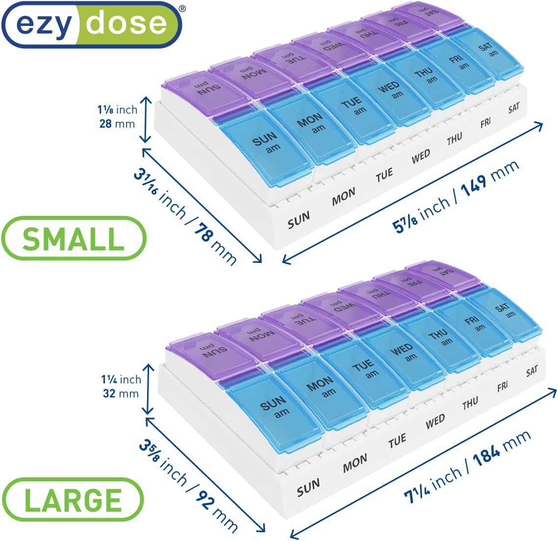 Ezy Dose Weekly (7-Day) AM/PM Pill Organizer, Vitamin and Medicine Box, Small Pop-out Compartments, 2 Times a Day, Blue and Purple Lids - 24hrsmart
